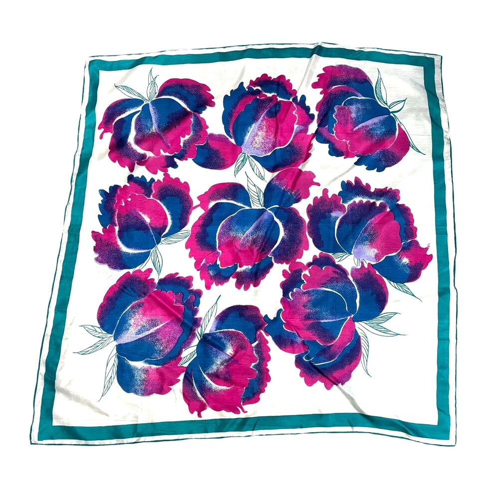 Vintage 1980s silk scarf mod bold pink blue green floral on sheer white square